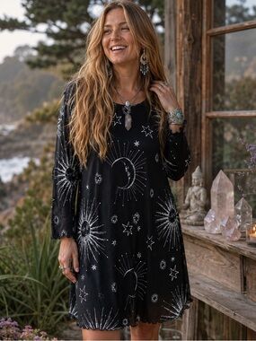 Haute Fox Black Celestial Moon Stars Mesh Lined Dress Halloween Party Fall 1X